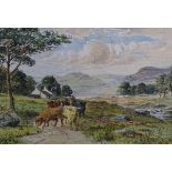 JH McKay 'Highland Cows in Landscape' Watercolour, signed lower left, framed but unglazed,