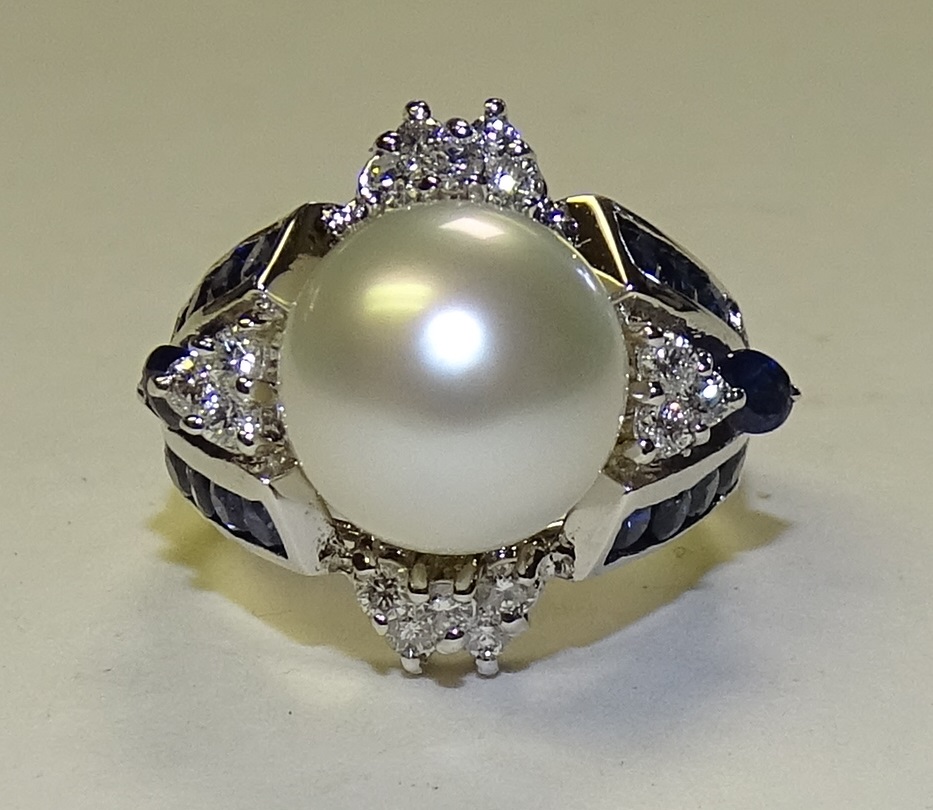 A 14ct white gold pearl, sapphire and diamond ring, - Image 3 of 3