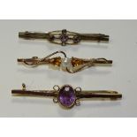 A 9ct gold amethyst bar brooch, 5cm long, together with a 9ct gold citrine and pearl brooch, 4.