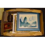 A boxed lot of sundries, to include pictures, commemorative tin,