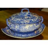 A Spode blue and white tureen on stand, decorated with Italian landscape and lake scenes,