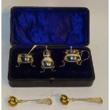 A boxed silver condiment set, hallmarks for Chester 1923 and 1909,