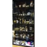 A large collection of brass and plated wares, to include trays, candlesticks, teasets, vases,