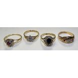 A 9ct gold amethyst and diamond ring, set in heart shaped formation, stamped 375 to band,