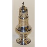 A silver sugar sifter, hallmarks for London 1899, with pierced finial top over bulbous body,