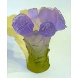 A Daume Pate De Verre glass vase, decorated with moulded amethyst coloured roses to the top,