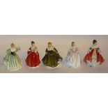 Five Royal Doulton figures, comprising of Geraldine HN2348, Tender Moment HN3303, Lily HN3902,