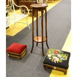 A mahogany inlaid two tier plant stand, 95cm high, together with a Victorian mahogany footstool,