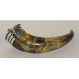 A 19th century cow horn table snuff mull, the white metal lid and collar decorated with thistles,