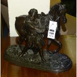 A cast bronze figure of a Cossack and horse, on naturalistic plinth base, horse tail lacking,