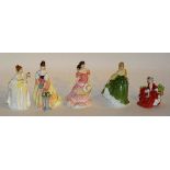 Five Royal Doulton figures, comprising of Lydia HN1908, Flower of Love HN2460, Amy HN3854,
