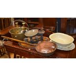 A sundry lot of brass, metalwares, glass and pottery, to include brass jelly pan,