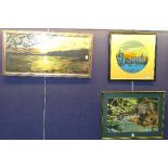 Three needlepoint pictures, including a sunset over lake,