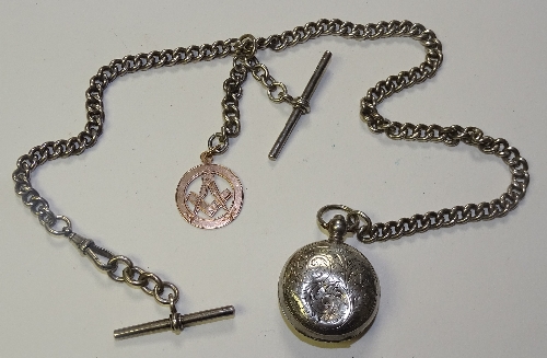 A silver Albert chain with silver sovereign case and 9ct gold Masonic fob,