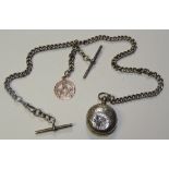 A silver Albert chain with silver sovereign case and 9ct gold Masonic fob,