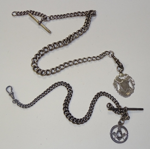 Two silver Albert chains, one with silver Masonic fob, hallmarks for Birmingham 1918 WA, 27cm long,