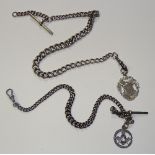 Two silver Albert chains, one with silver Masonic fob, hallmarks for Birmingham 1918 WA, 27cm long,