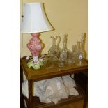 A Capo di Monte style ceramic table lamp with shade, 36cm high, together with some glass decanters,