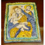 A majolica plaque, depicting the Virgin Mary & baby Jesus, restored, 41.