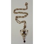 A Victorian 9ct gold amethyst and seed pearl pendant on chain, stamped 9ct to pendant and clasp, 7.