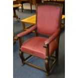 A Jacobean style oak open armchair circa late 19th/early 20th century,