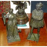 A pair of bronze figures, of a lady and gentleman in medieval dress, unsigned,