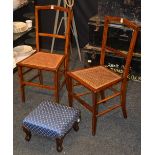 A pair of vintage mahogany, satinwood and ebony strung inlaid bedroom chairs, with bergere seat,