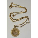 A 15ct gold twist link chain with 9ct gold lion disc pendant, chain stamped 15 to clasp, 6.