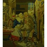 A rosewood framed needlepoint, depicting man and wife in interior scene,