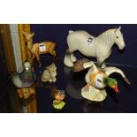 Five Beswick animal figures, to include grey shire horse, fallow deer, pigeon,