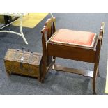 A mahogany piano stool, with red cushion seat and understretcher,