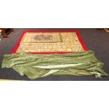 A pair of green velvet lined curtains, 222cm drop x 452cm wide, together with a patchwork throw,