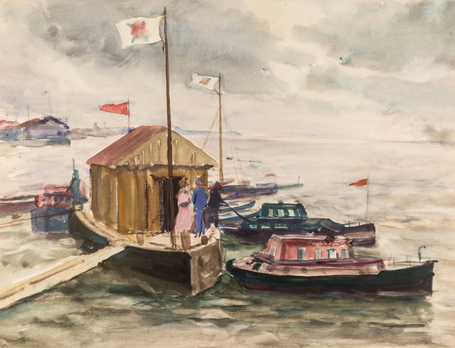 NIKOLAI NIKOLAEVICH GRIGORIEV (RUSSIAN 1901-1979)At the Pier, c. 1950swatercolor on paper42.5 x 55.5