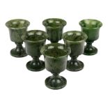 RUSSIAN NEPHRITE JADE VODKA CUPS, SET OF SIXthe cups of bell-shapes, the stems conical; height: 6.