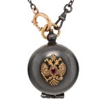 EARLY 20TH CENTURY RUSSIAN GOLD AND GUNMETAL COIN HOLDER LOCKET ON A CHAINmatt dark grey gunmetal