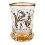 AN ANTIQUE AUSTRIAN GLASS BEAKER WITH IMAGE OF THREE PLAYING CARDS, AFTER ANTON KOTHGASSER,