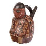 A PRE-COLUMBIAN HUARI-STYLE FIGURAL VASE OF A CROUCHING MAN, PERU, C. 400 ADpolychrome-painted Huari