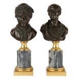 A PAIR OF FINE FRENCH BRONZE BUSTS OF ROUSSEAU AND VOLTAIRE ON MARBLE AND ORMOLU BASES, 18TH-19TH