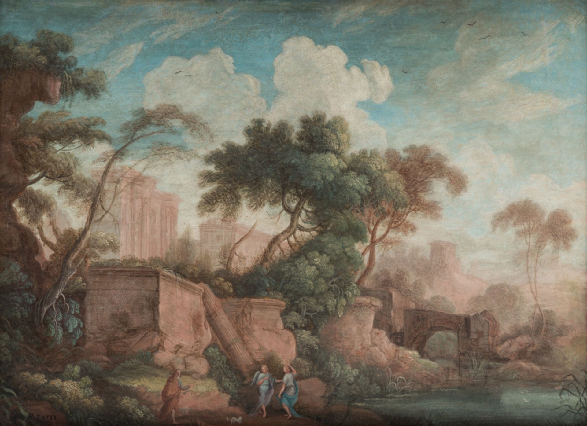 PIERRE-ANTOINE PATEL THE YOUNGER (FRENCH 1648-1707)Landscape with Antique Ruins and Tobias and the