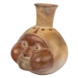 A PRE-COLUMBIAN MOCHE-STYLE VASE OF A MAN'S HEAD, PERU, C. 400 ADpolychrome-painted Moche pottery of