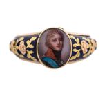 A VARI-COLOR GOLD AND ENAMEL RING MOUNTED WITH A PORTRAIT MINIATURE, 19TH CENTURYthe sides with gold