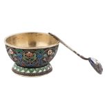 A KHLEBNIKOV GILT SILVER AND CLOISONNE ENAMEL SALT-CELLAR, MOSCOW, 1908-1926a Russian gilded