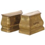 PAIR OF NINETEENTH-CENTURY BRASS CADDIES each of sarcophagus form captioned Tea and Coffee12 cm.