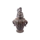 MONUMENTAL JAPANESE BRONZE URN AND COVERof baluster ribbed form with raised ornithological