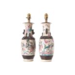 PAIR OF CHINESE QING PERIOD POLYCHROME CRACKLEWARE VASE STEMMED TABLE LAMPS 30 cm. high (2)