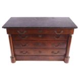 NINETEENTH-CENTURY BRASS MOUNTED MAHOGANY AND SATINWOOD INLAID CHEST of four long drawers, furnished