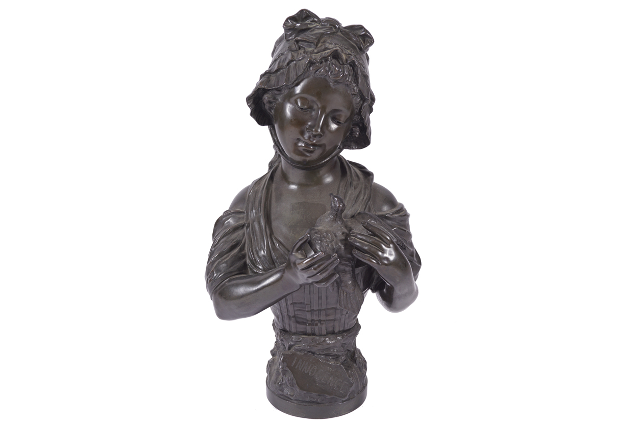 G. LEVY Young girl holding a dove Signed nineteenth-century bronze 56 cm. high