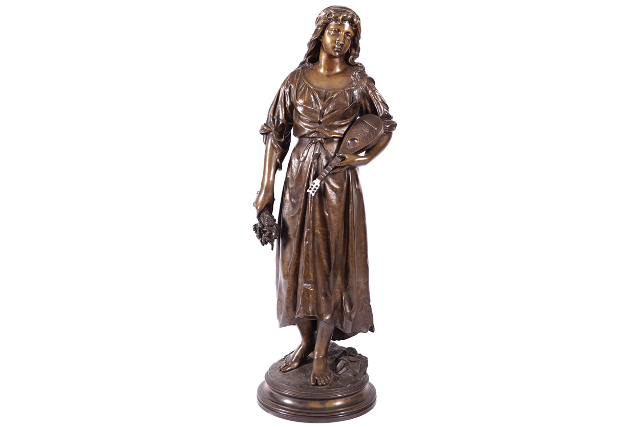 NINETEENTH-CENTURY FRENCH SCHOOL Bronze sculpture of a young girl holding a mandolin Signed,