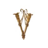 PAIR OF WALL LIGHTS Each with two flaming torch lights suspended on ribbons 40 cm. high (2)