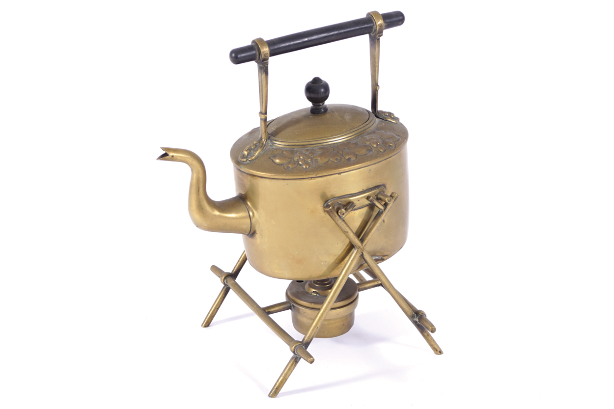 EDWARDIAN BRASS SPIRIT KETTLE ON STAND